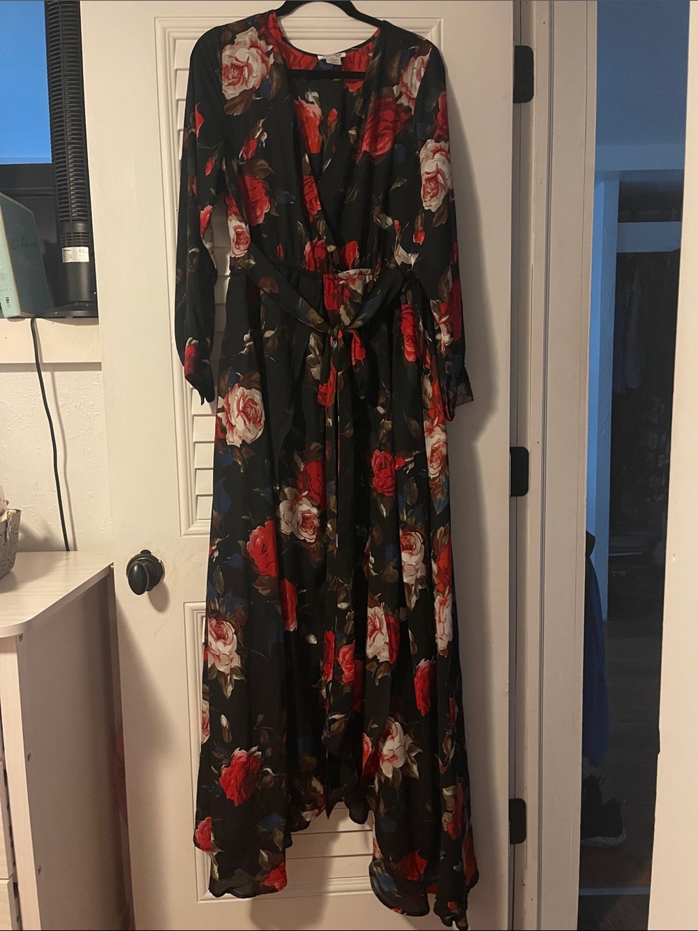 Unique Vintage Black Maxi Dress with Red and White Rose Print